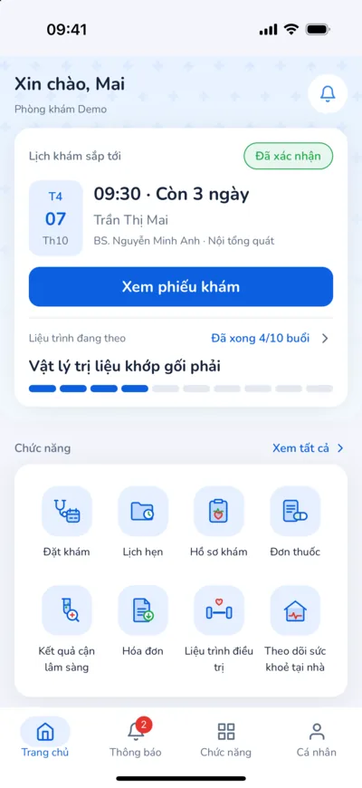 Trang chủ ứng dụng iClinic cho bệnh nhân: lịch khám sắp tới, liệu trình đang theo và các chức năng