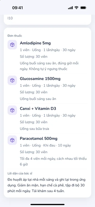 Đơn thuốc trong ứng dụng iClinic: từng thuốc kèm cách dùng và lời dặn của bác sĩ